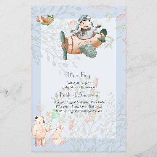 Schöne Airplane Pilot Boys Babydusche laden ein (Vorderseite)