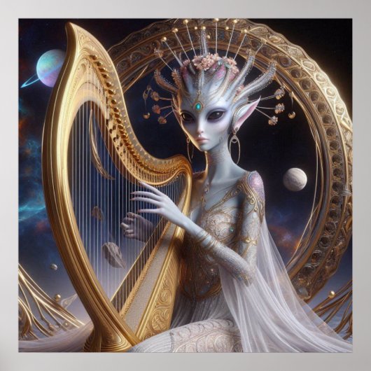 Schöne Alien im Weltraum Frauen spielen Harfe Poster (Vorne)