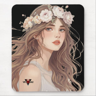 Schöne Anime-Blumen-Girl – Sanfte Pastell-Ästhetik Mousepad