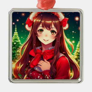 Schöne Anime-Girl in rotem Weihnachts-Outfit Ornament Aus Metall