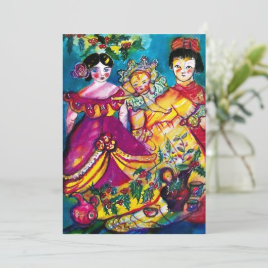 SCHÖNE ANTIQUE DOLL rot-blau lila-gelb rosa Einladung (Stehend Vorderseite)