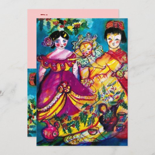 SCHÖNE ANTIQUE DOLL rot-blau lila-gelb rosa Einladung (Vorne/Hinten)