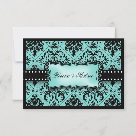 Schöne Aqua Blue & Black Damask RSVP Cards (Vorderseite)