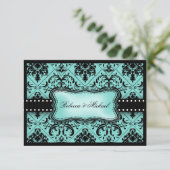 Schöne Aqua Blue & Black Damask RSVP Cards (Stehend Vorderseite)