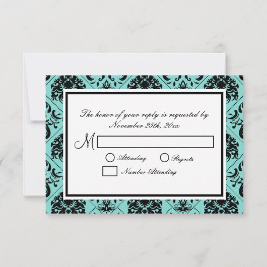 Schöne Aqua Blue & Black Damask RSVP Cards (Rückseite)