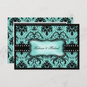 Schöne Aqua Blue & Black Damask RSVP Cards (Vorne/Hinten)