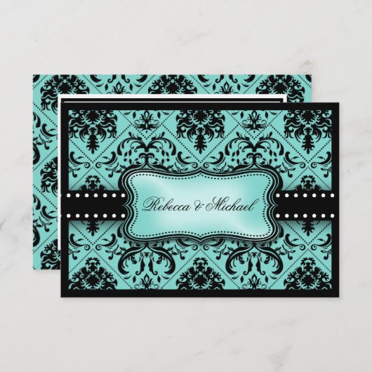 Schöne Aqua Blue & Black Damask RSVP Cards (Vorne/Hinten)