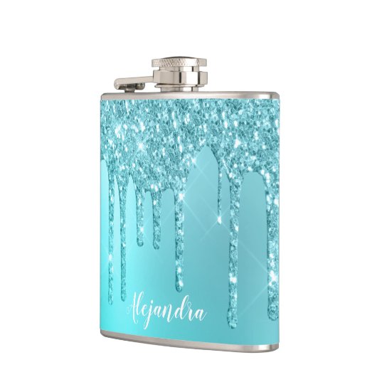Schöne Aqua Blue Minze & Türkis Glitzer Tropfen Flachmann (Links)