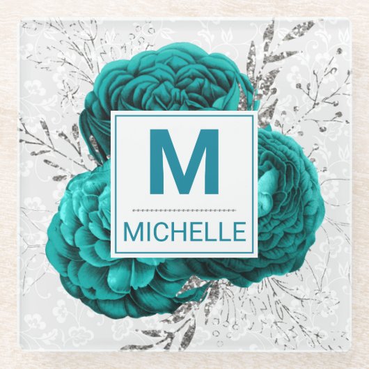 Schöne Aquamarine und Silver Glitzer Blume Monogra Glasuntersetzer (Vorderseite)