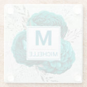Schöne Aquamarine und Silver Glitzer Blume Monogra Glasuntersetzer (Rückseite)