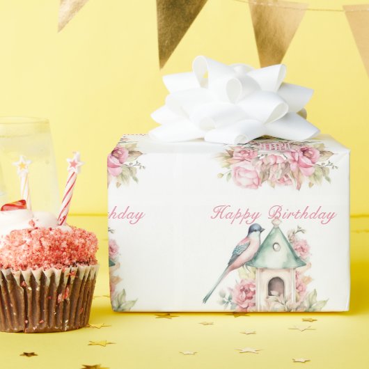Schöne Aquarell Birdhouse Pink Blume Geschenkpapier (Geburtstagsparty)