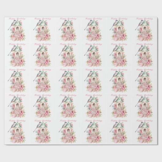 Schöne Aquarell Birdhouse Pink Blume Geschenkpapier (Flach)