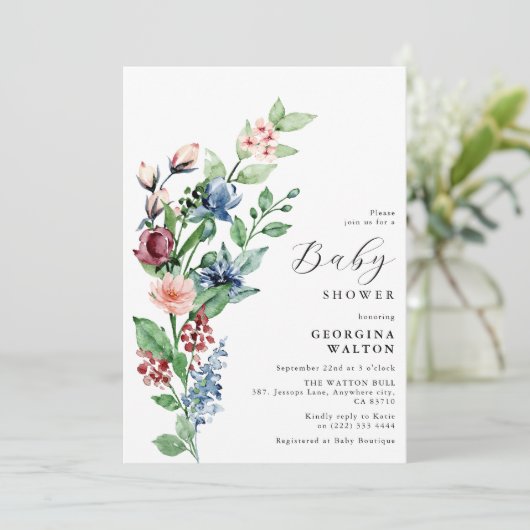 Schöne Aquarell Blumen & Grünpflanzen Kinderdusche Einladung (Stehend Vorderseite)