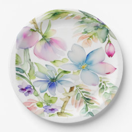 Schöne Aquarell-Frühlingsblumen Blau Rosa Pappteller