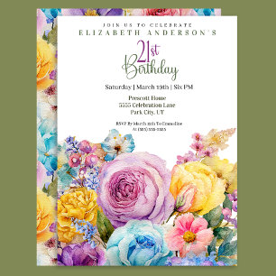 Schöne Aquarell-Frühlingsblumen zum 21. Geburtstag Einladung