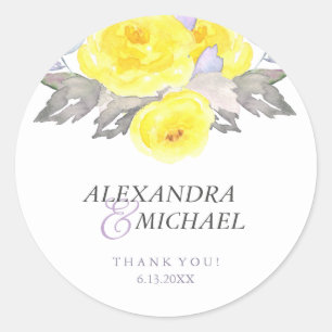 Schöne Aquarell-Grau-Gelb-Violette-Rosen-Hochzeit Runder Aufkleber
