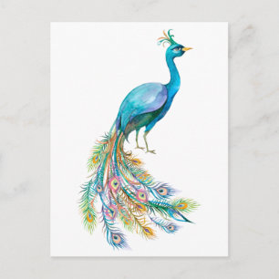 Schöne Aquarell-Illustration eines blauen Pfaus Postkarte