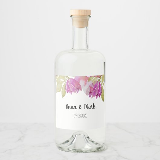 Schöne Aquarell Rosa Blume Handgemalt Alkoholflaschenetikett (Vorderseite)