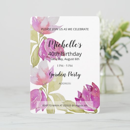 Schöne Aquarell Rosa Blume Handgemalt Einladung (Stehend Vorderseite)