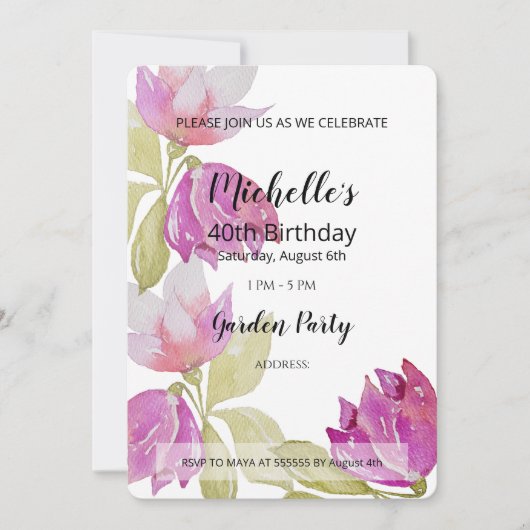 Schöne Aquarell Rosa Blume Handgemalt Einladung (Vorderseite)