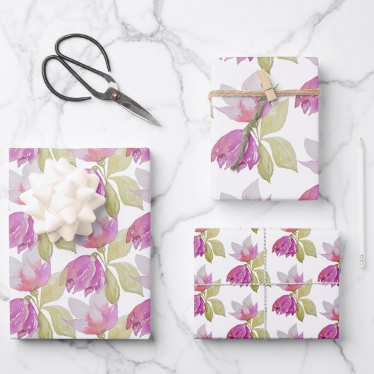 Schöne Aquarell Rosa Blume Handgemalt Geschenkpapier Set (Vorderseite)