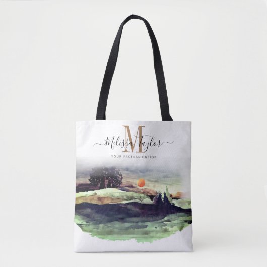 Schöne Aquarellberge und Baummonogramm Tasche (Vorderseite)