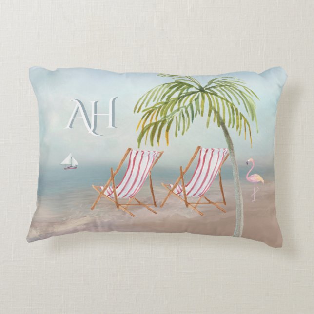 Schöne Aquarellfarben Beach Szene Custom Monogram Dekokissen (Rückseite)