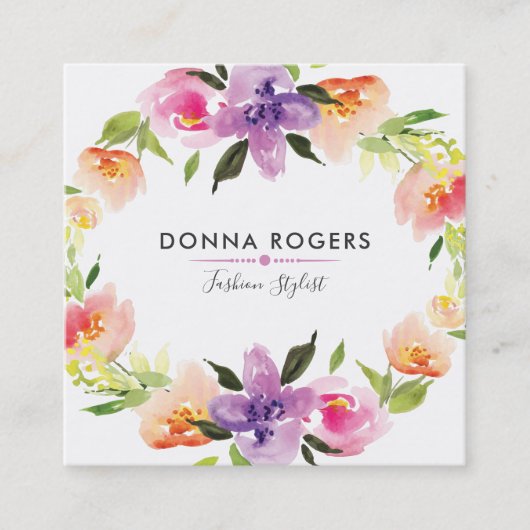 Schöne Aquarellfarben Blume Kranz Quadratische Visitenkarte (Vorderseite)
