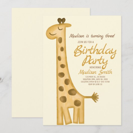 Schöne Aquarellfarben Giraffe Geburtstag Einladung (Vorne/Hinten)