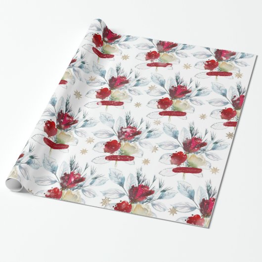 Schöne Aquarellfarben-Rose mit Wintervibes Geschenkpapier (Ungerollt)
