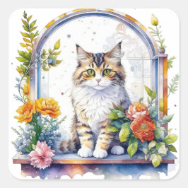 Schöne Aquarellkatze im Blumenfenster Quadratischer Aufkleber