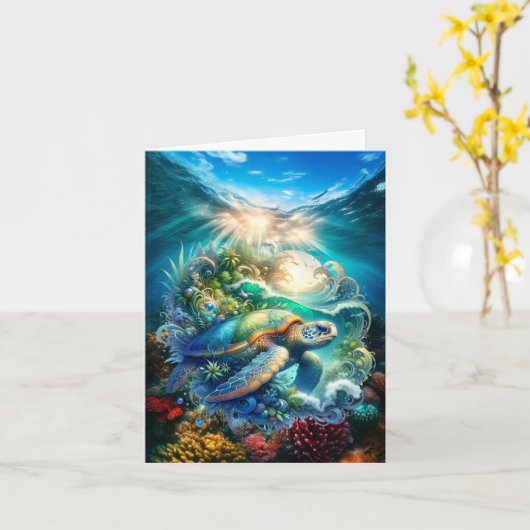 Schöne Aquarellmeerschildkröte Grußkarte Karte (Gelbe Blume)