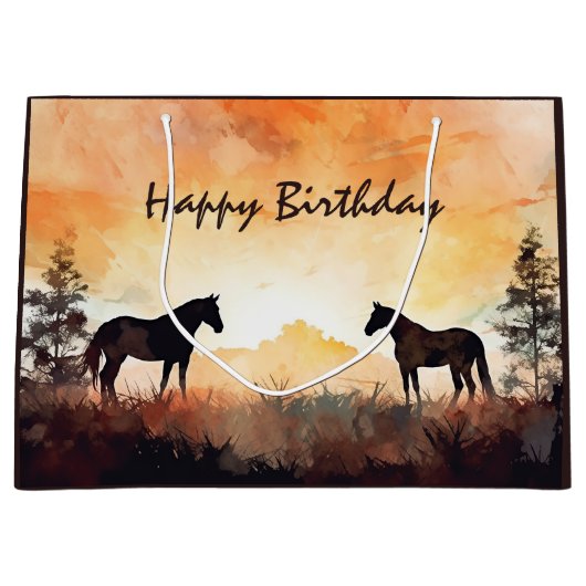 Schöne Aquarellpferde bei Sonnenuntergang Geburtst Große Geschenktüte (Vorderseite)
