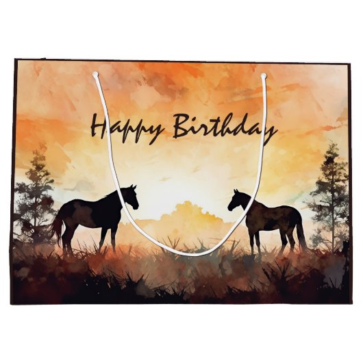 Schöne Aquarellpferde bei Sonnenuntergang Geburtst Große Geschenktüte (Rückseite)