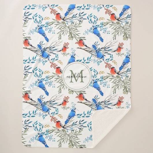 Schöne Aquarellvögel und Foliage Muster Sherpadecke (Vorderseite)