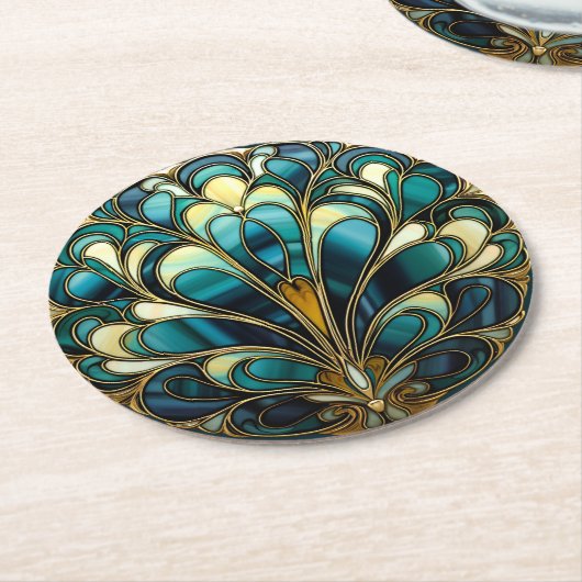 Schöne Art Deco Türkis Peacock Feathers Runder Pappuntersetzer (Angewinkelt)