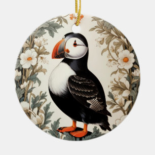 Schöne Atlantischer Papageitaucher Weiße Blumen Keramik Ornament