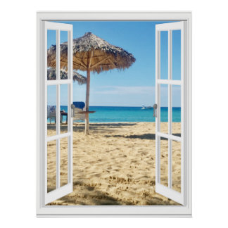 Schöne Aussicht auf den Sandstrand und das Meer Poster