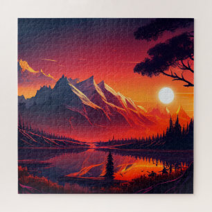 schöne Aussicht auf die Berge mit See Puzzle