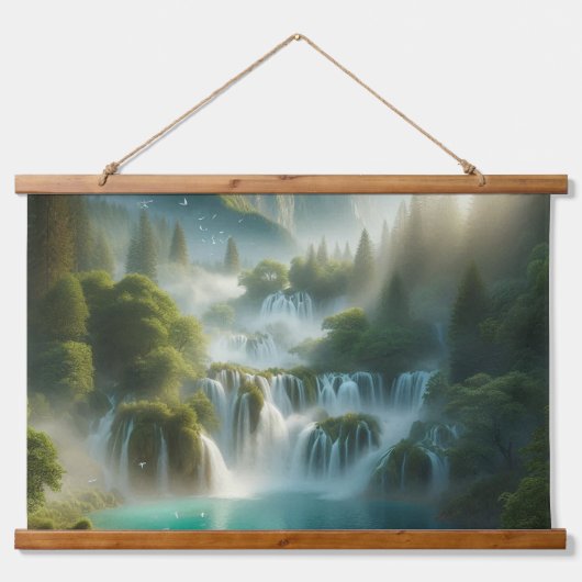 Schöne Aussicht auf Fluss und Wasserfall Wandteppich Mit Holzrahmen (Vorne)