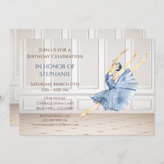 Schöne Ballerina im Ballettstudio Geburtstag Einladung (Vorne/Hinten)