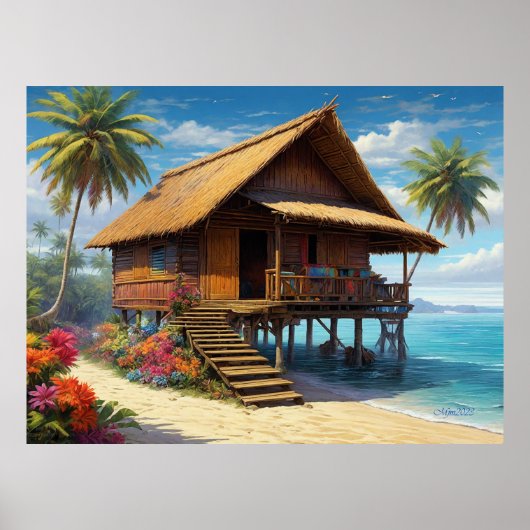Schöne Bambushütte am Strand von Tropical Island Poster (Vorne)