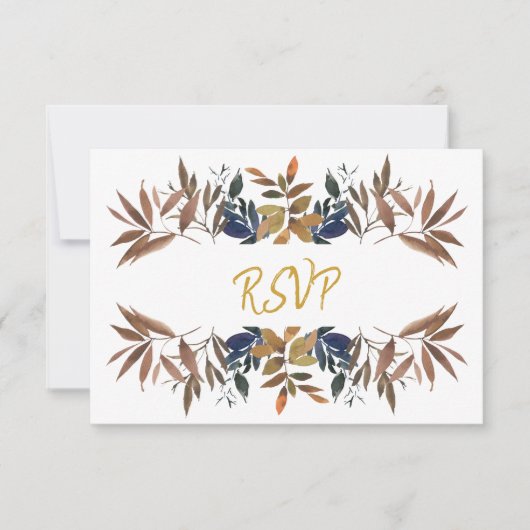 Schöne Beige Blue Gold Foliage Hochzeit RSVP Karte (Vorderseite)