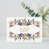 Schöne Beige Blue Gold Foliage Hochzeit RSVP Karte (Stehend Vorderseite)