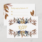 Schöne Beige Blue Gold Foliage Hochzeit RSVP Karte (Vorne/Hinten)