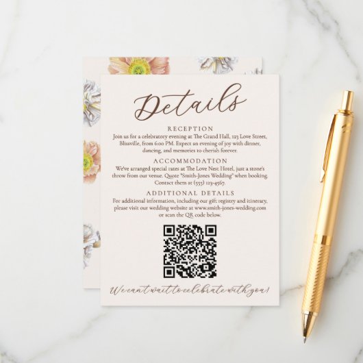 Schöne beige Blumenzettel und QR-Code Begleitkarte (Vorderseite/Rückseite Beispiel)