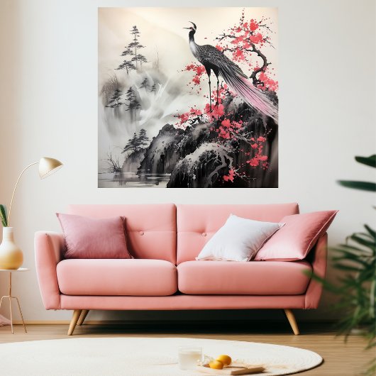 Schöne Bird Pink Cherry Blossom Asiatische Kunst Leinwanddruck