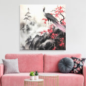 Schöne Bird Pink Cherry Blossom Asiatische Kunst Leinwanddruck (Insitu (Wohnzimmer))