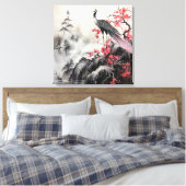 Schöne Bird Pink Cherry Blossom Asiatische Kunst Leinwanddruck (Insitu (Schlafzimmer))