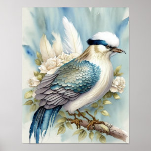 Schöne Bird Print Feathers Aquamarin Blue Ivory Sa Poster